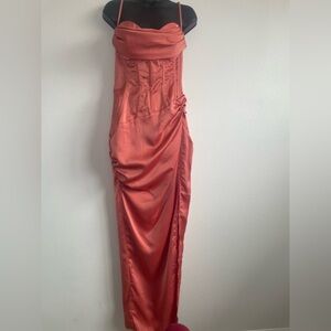 PrettyLittleThing Satin Corset Maxi Dress Coral Ruched Slit NWT US 6